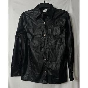 NWT SNDYS Womens Long‎ Sleeve Snap Button Faux Leather Black Top Shirt Size XS
